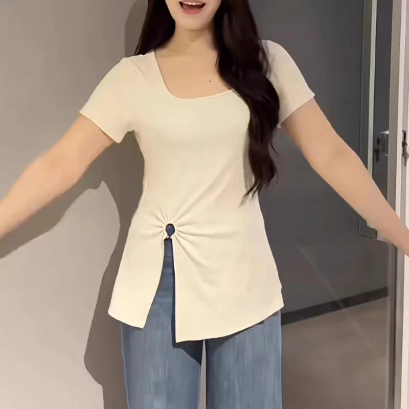 胖MM大码女装正肩方领开叉短袖高贵洋气T恤新款不规则下摆上衣