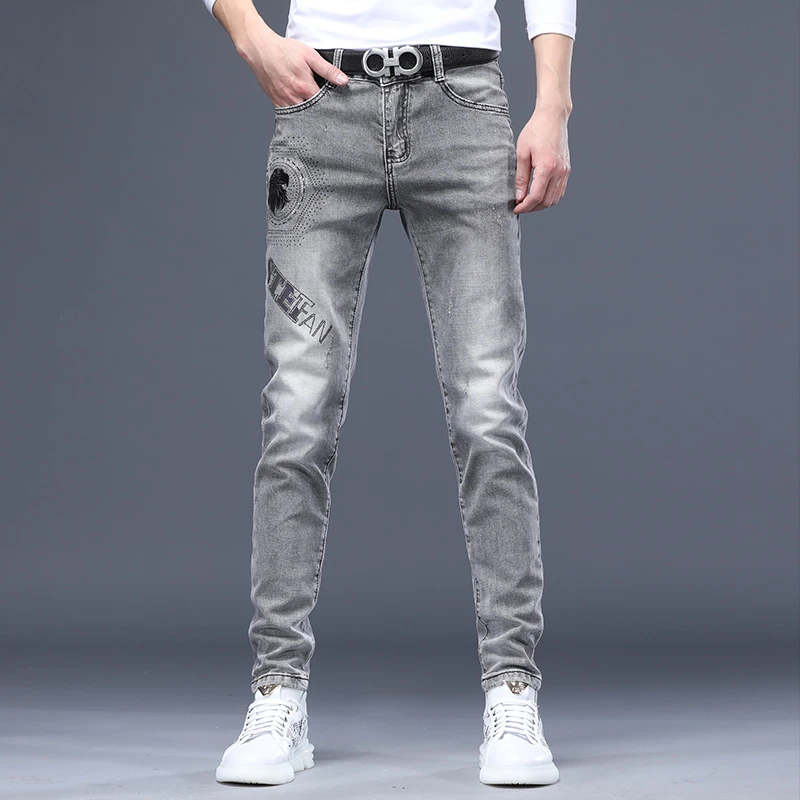 约蒂宾弗牛仔裤男修身夏季薄款潮流烫钻印花时尚百搭弹力灰色长裤