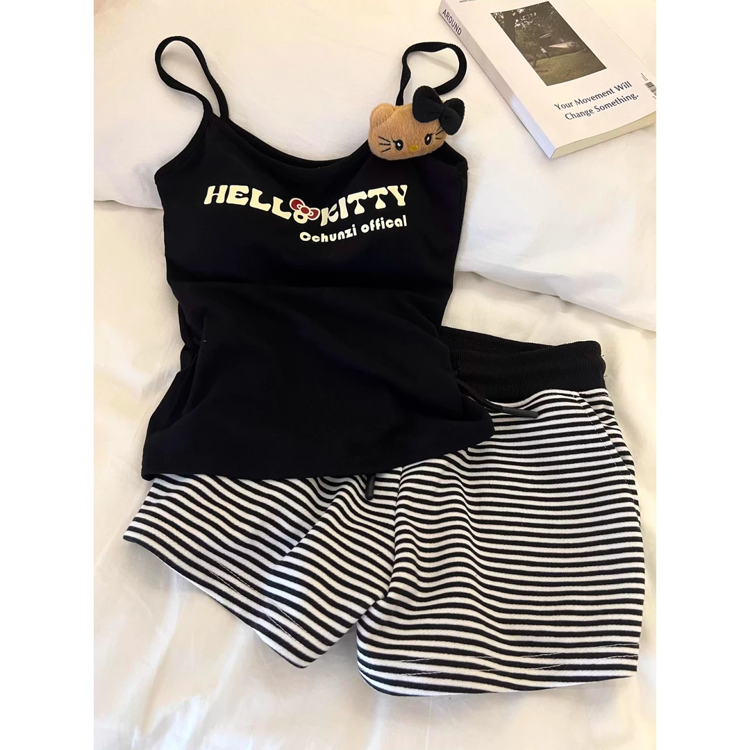 简约凯蒂猫带胸垫新款睡衣女款夏季新款背心短裤家居服套装可外穿