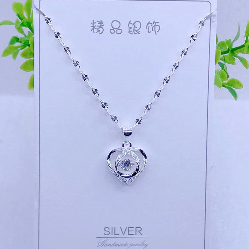 坠链均足银 足银999.9一心爱你雪花银项链跳动的心时尚百搭流行