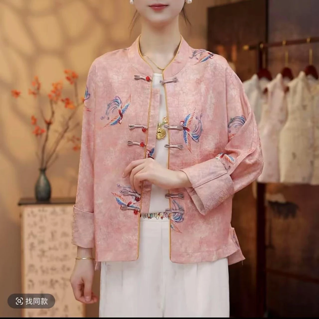 夏季时尚宽松女装提花上衣外套复古新中式凤凰立领中国风唐装薄款