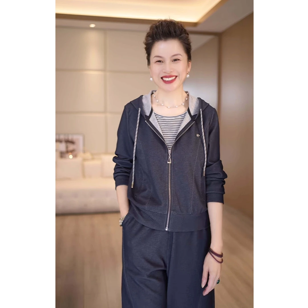 妈妈装春秋休闲连帽外套阔腿裤妈妈秋装套装50-60岁高档三件套装