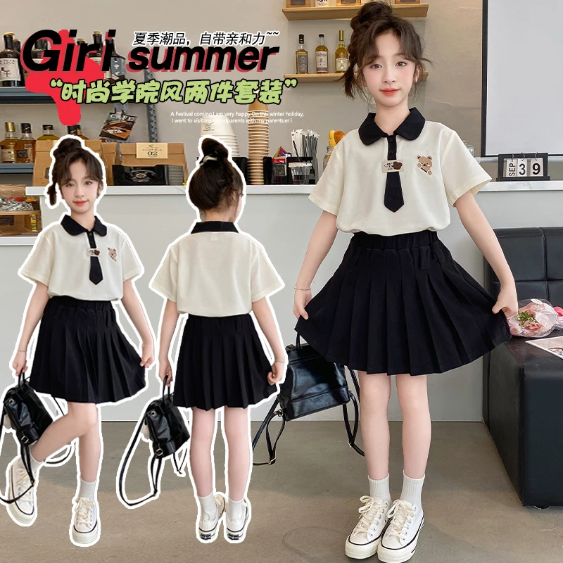 女童裙子套装夏季2025新款洋气儿童学院风短袖百褶裙两件套裙大童