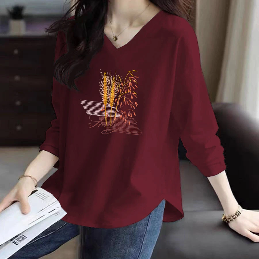 V领T恤长袖100%纯棉套头ins秋冬款2025新款洋气休闲女韩系设计感