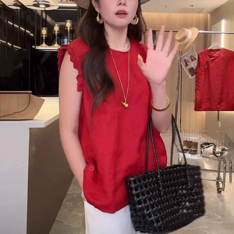 2025夏季新款红色亚麻木耳边无袖衬衫女显瘦减龄洋气休闲上衣