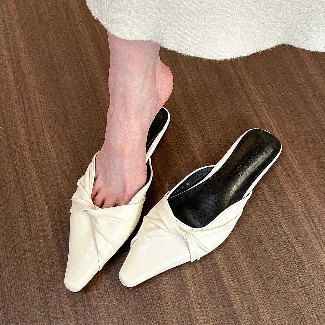 法式超火！ 法式舒适！米白色软皮半拖鞋女春夏外穿尖头平底鞋子