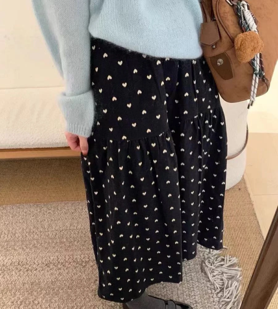 （爱心甜美裙）韩系爱心印花松紧腰a字半身裙女2025新款春高腰7045