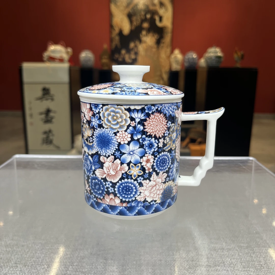 万花釉里红办公杯水杯分离大容量@Z215