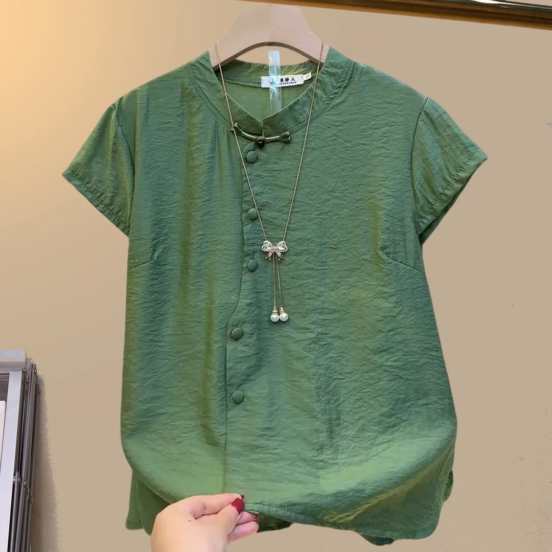 夏季大码女装胖妹妹绿色新中式复古盘扣大版遮肉宽松显瘦半袖上衣