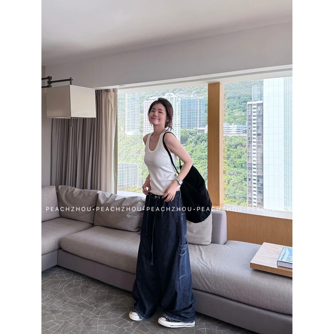 『PEACHZHOU』明线薄棉工装伐木宽松廓形牛仔裤系带松紧调节阔腿裤