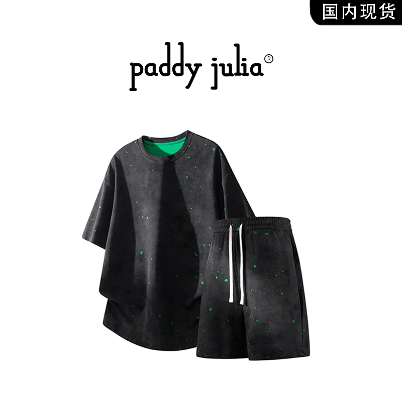 Paddy julia美式重磅破洞短袖t恤套装男款夏季休闲服潮流两件套