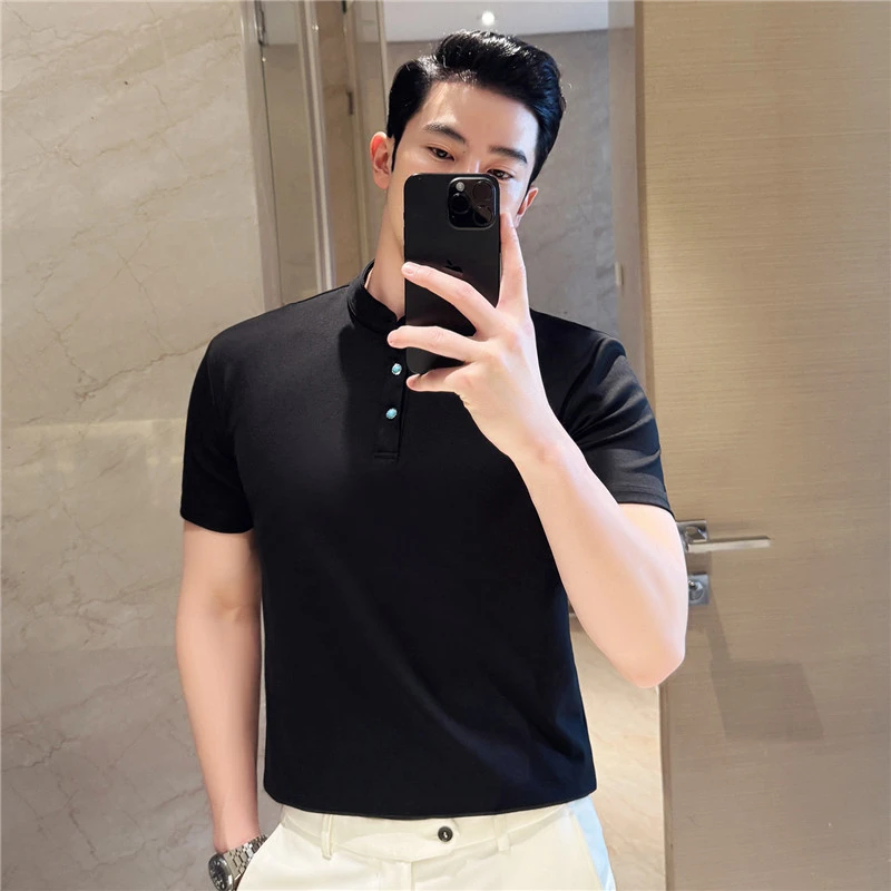 绿松石设计感亨利领短袖POLO衫男夏季亲肤凉感透气正肩收袖口T恤