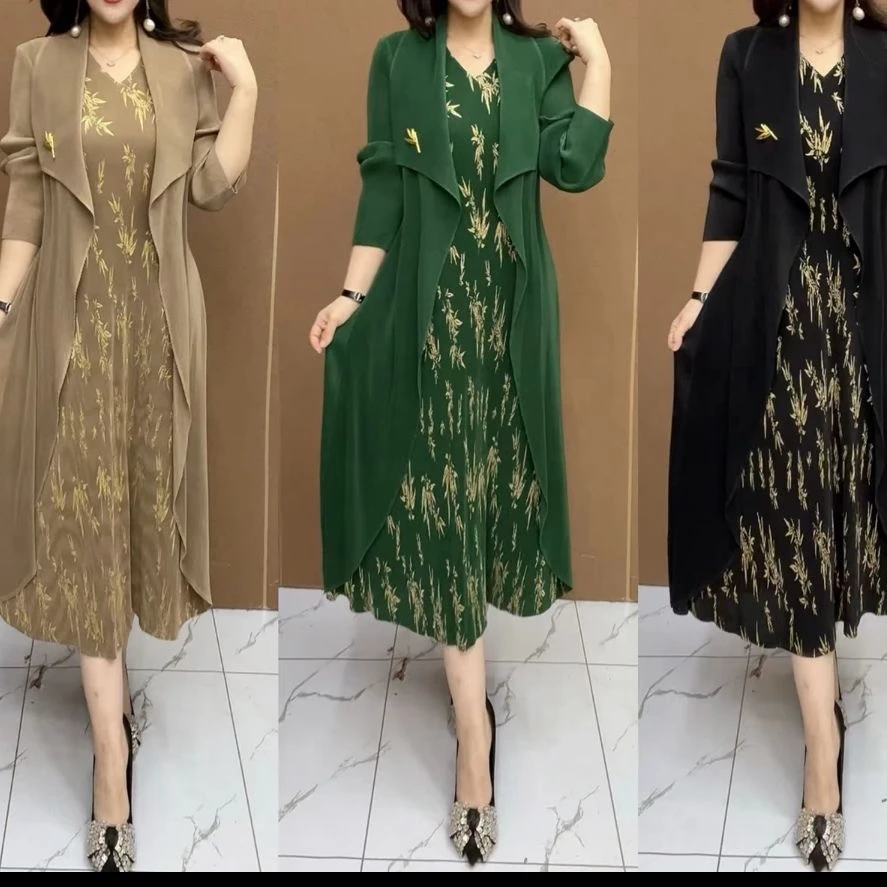 气质时尚假两件褶皱连衣裙大码显瘦妈妈装长裙