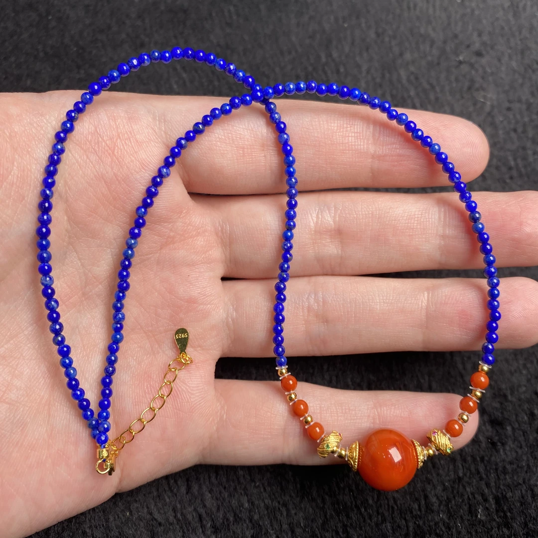 青金南红慢色满肉原创DIY项链(青金：2-3mm 南红顶珠：12-13mm)