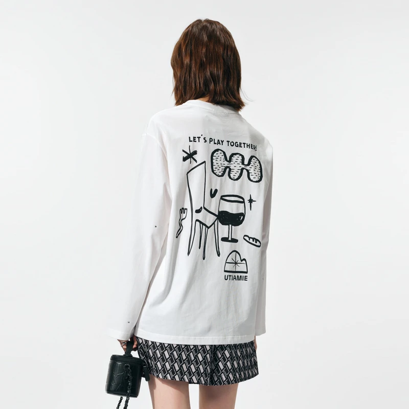 U/TI【热卖单品】设计感大颗粒烫钻后背涂鸦图案挺阔感长袖套头T恤