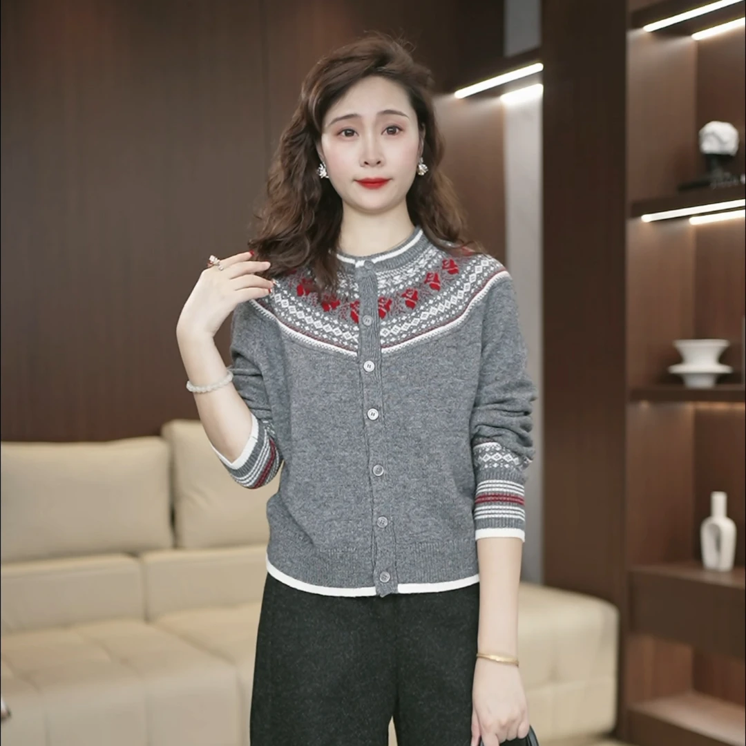 针织开衫女复古嵌花秋冬氛围感胖mm大码品牌提花撞色圆领毛衣3722