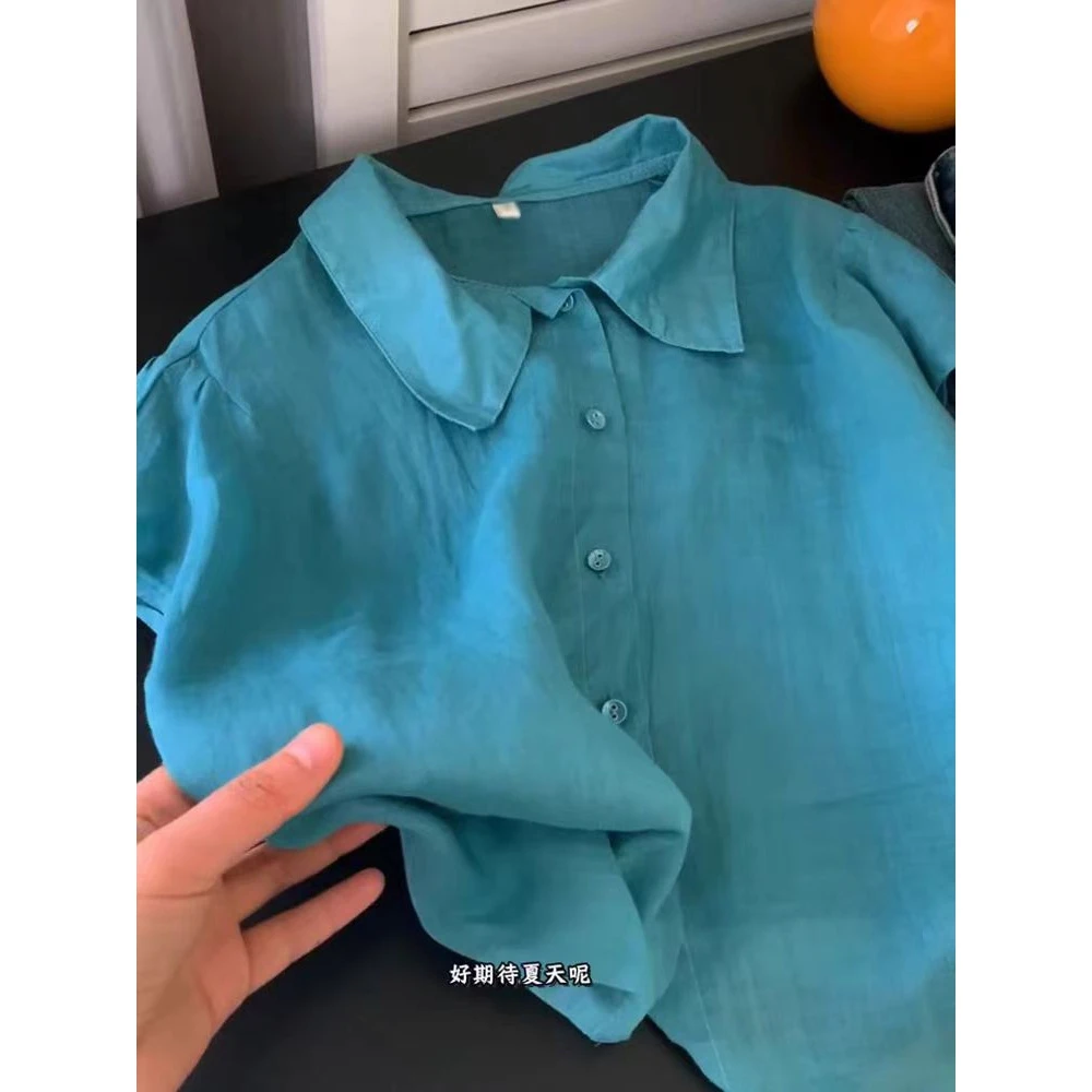 这版型巨爱！巨舒服~韩系孔雀蓝翻领短袖衬衫夏季新款别致小资上衣