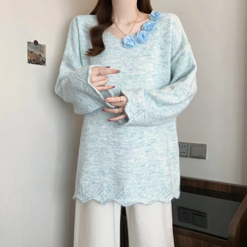 秋季山茶花钩编针织衫V领毛衣女秋冬温柔风韩版宽松洋气减龄上衣