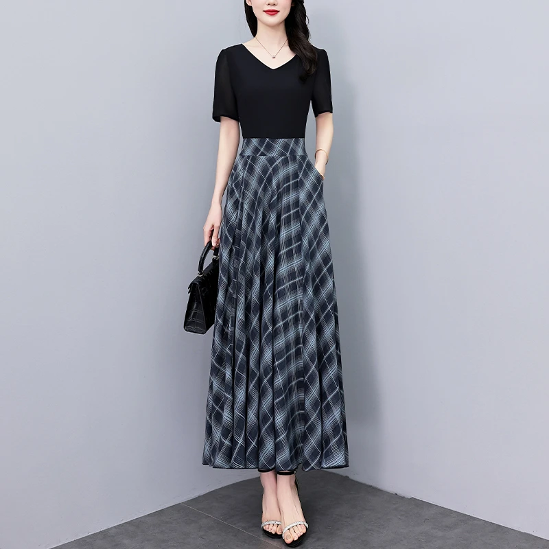 2025夏季新款高档印花雪纺连衣裙长款大码胖收腰显瘦遮肚子长裙