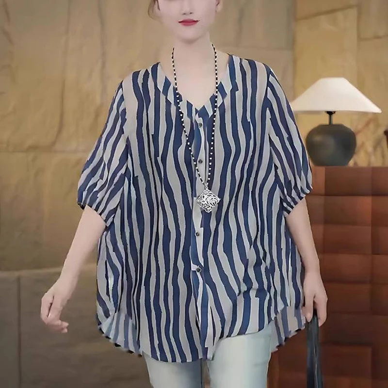 大码胖mm巨遮肚夏装条纹v领短袖衬衫女夏季宽松显瘦遮肉上衣薄款