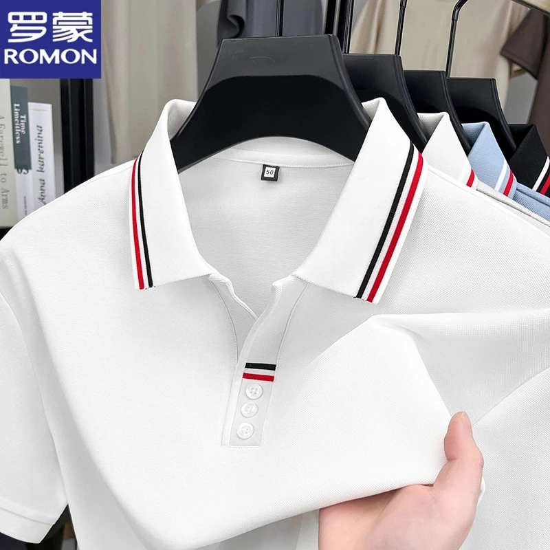 【含桑蚕丝】罗蒙夏季新款男士时尚T恤宽松透气中年短袖商务POLO衫
