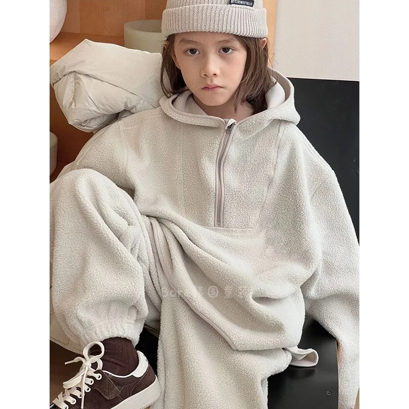 儿童秋冬装摇粒绒加绒连帽套装男女童冬季韩版加厚卫衣保暖两件套