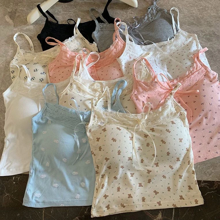 甜美碎花蕾丝吊带背心修身设计短款内搭夏季上衣