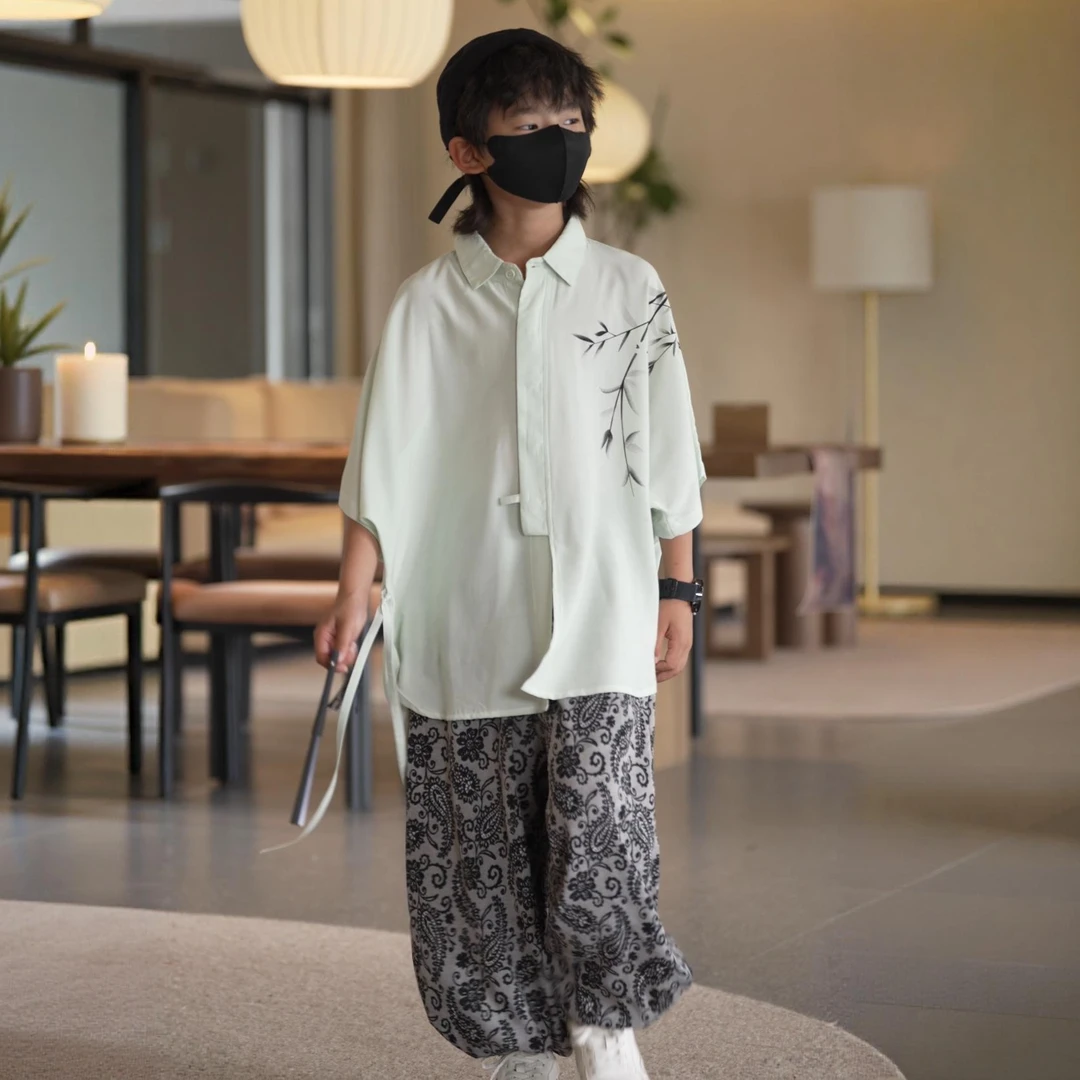 【刘刘妈】儿童新中式亲子装夏季薄款童装短袖宽松套装衬衫潮流感