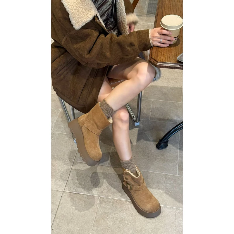 冬季纯色平跟金属套筒保暖马丁靴中筒时尚加绒休闲7389