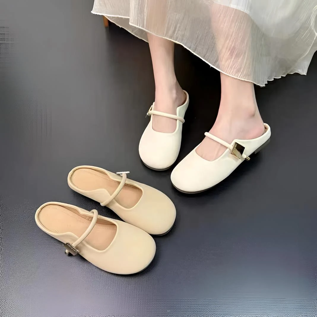 新款包头半拖鞋女单鞋女休闲2025春季圆头懒人一脚蹬软底平底凉鞋