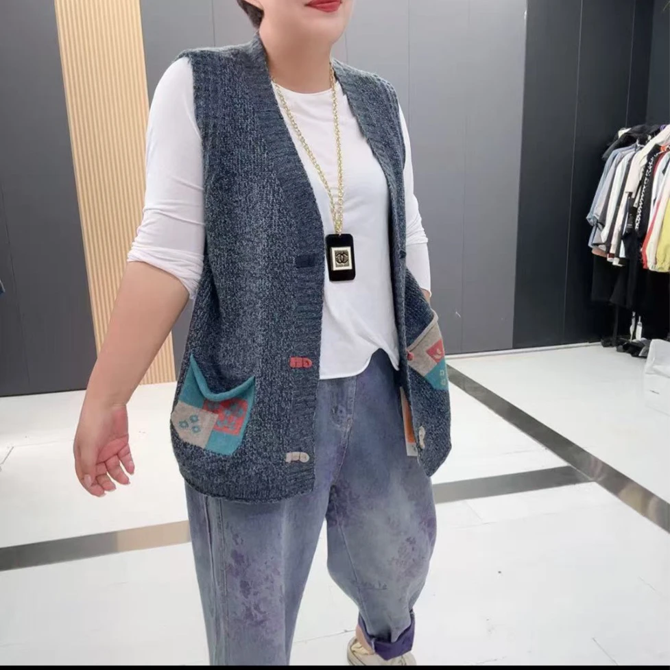 女士不褪色马甲网红韩版针织时尚休闲百搭拼接宽松秋季气质-7706