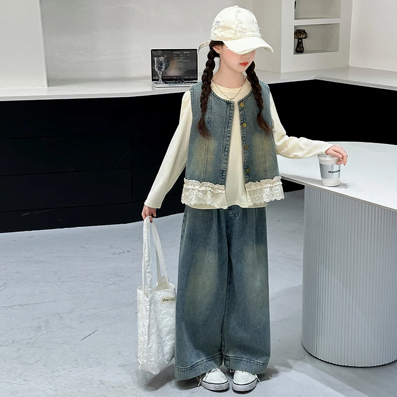 女童牛仔套装春装2025新款儿童时尚穿搭中大童女孩春季马甲三件套