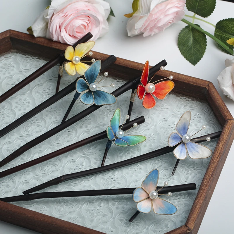 如梦笙嫣 【缠枝蝴蝶】原创非遗绒花发簪新中式汉服棋牌发饰