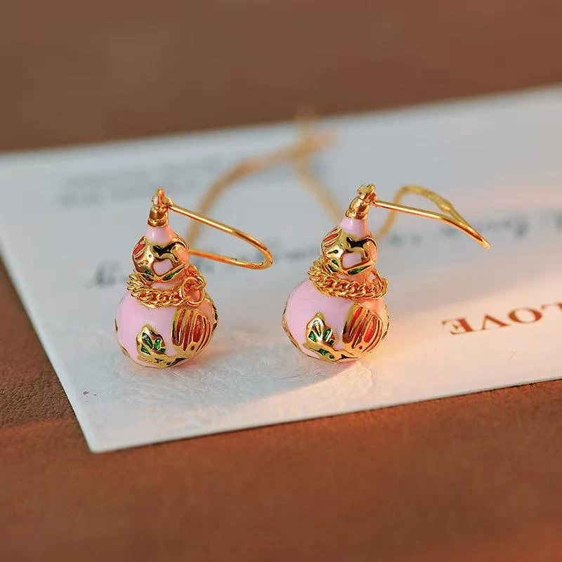 铜合金珐琅耳饰 e306---新中式时尚轻奢葫芦滴油百搭耳线