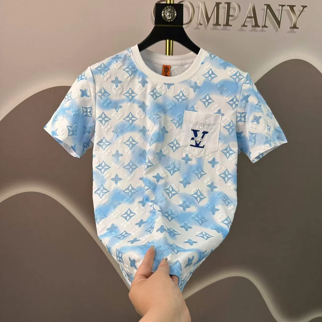 夏季短袖圆领扎染烫印日常T恤男款运动上衣花色蓝色休闲半袖男士