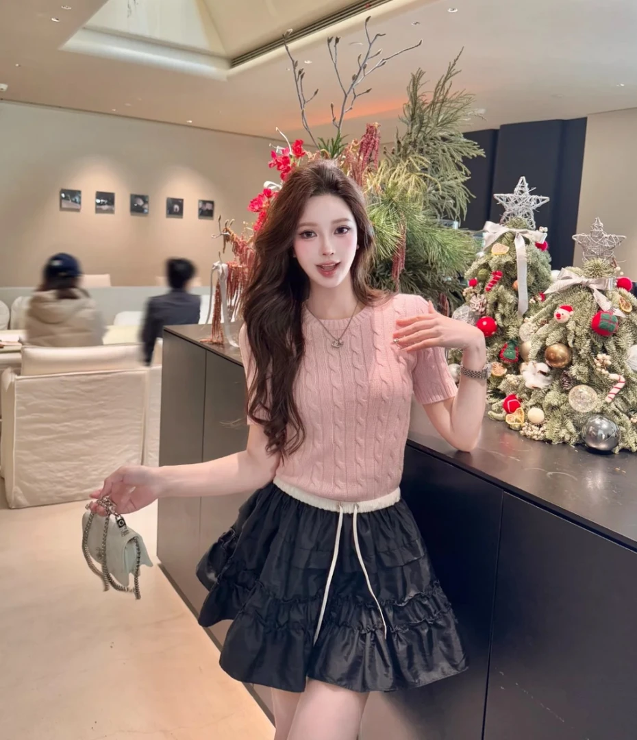 短袖针织衫2025春季新款老钱风重工绞花毛衫女士套头上衣内搭毛衣