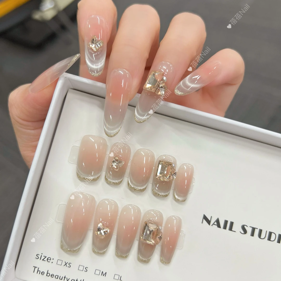 【日照金山】微笑猫眼新款纯手工穿戴甲蝴蝶钻香槟金猫眼钻美甲10片