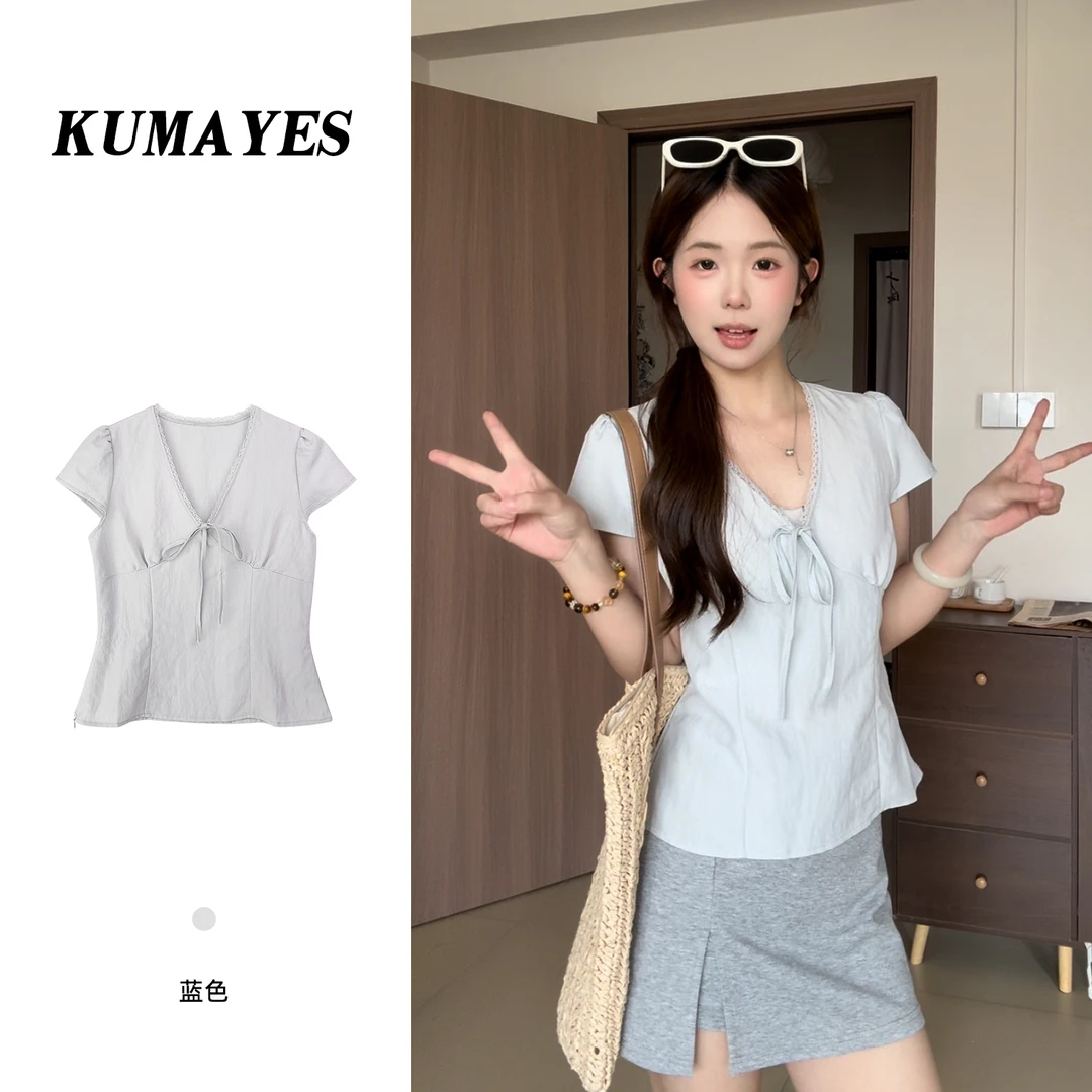 KUMAYES温柔蕾丝花边V领短袖衬衫女夏季甜美蝴蝶结系带收腰上衣