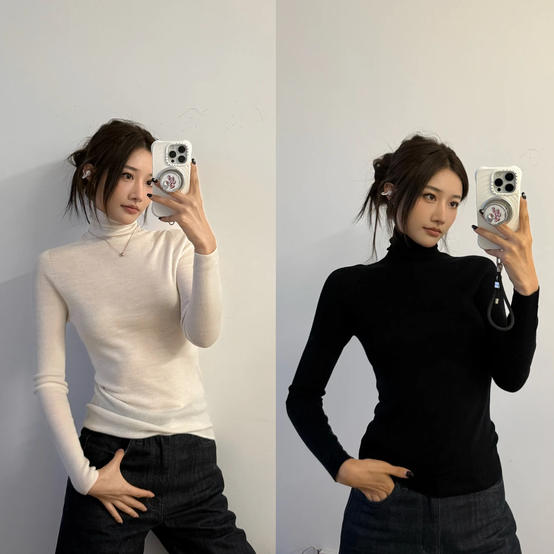 左边女装无缝一体针织衫叠穿上衣2025秋冬新款高领全羊毛打底衫