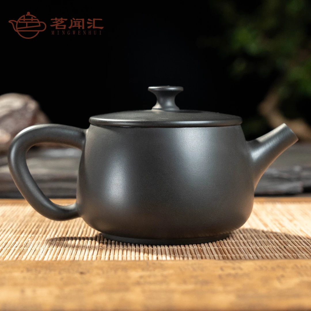 茗闻汇建水紫陶-古法全手工壶-大口-黑钻球孔汉瓦-茶壶茶具