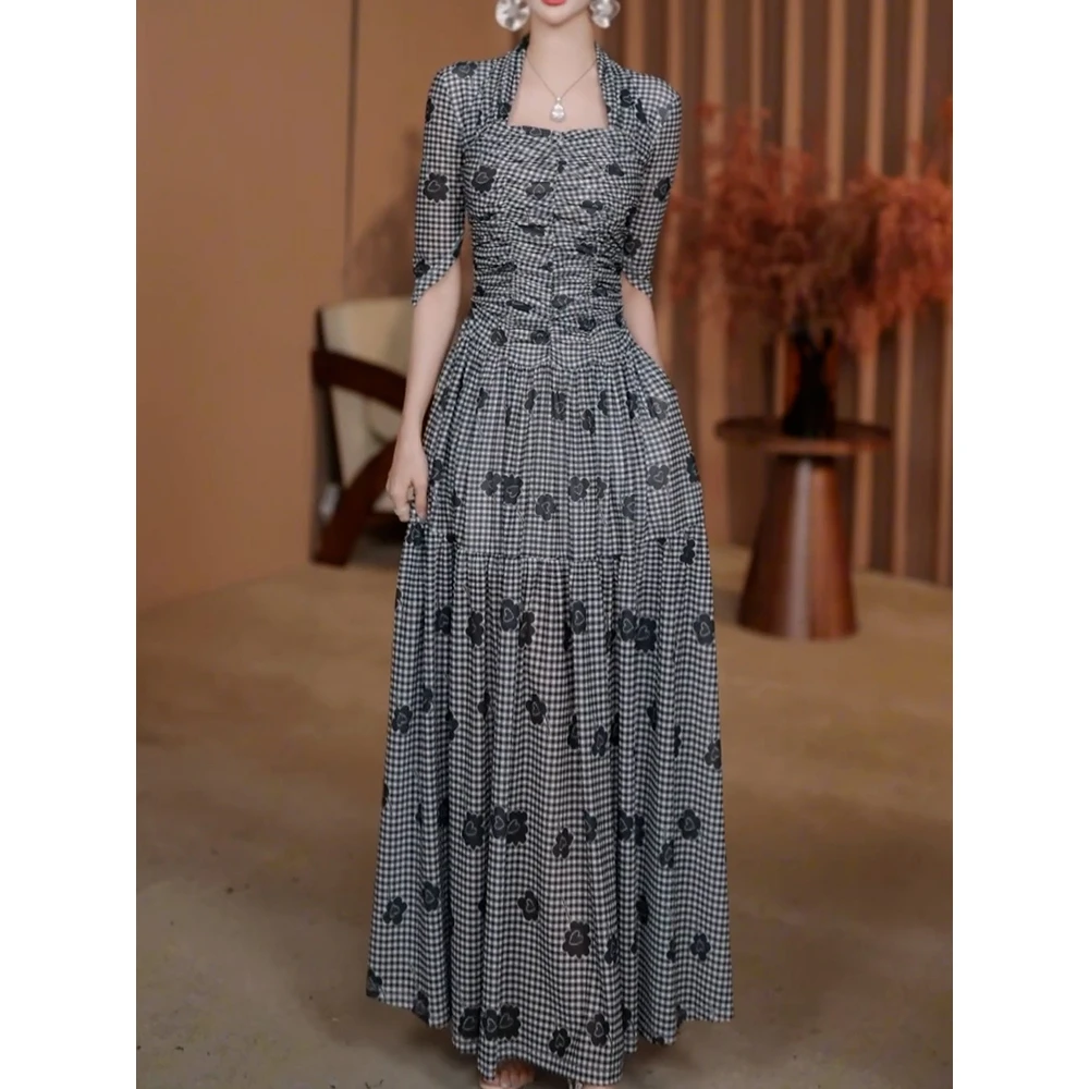 韩系名媛风印花收腰显瘦A字裙女2025夏季新款气质减龄超好看长裙