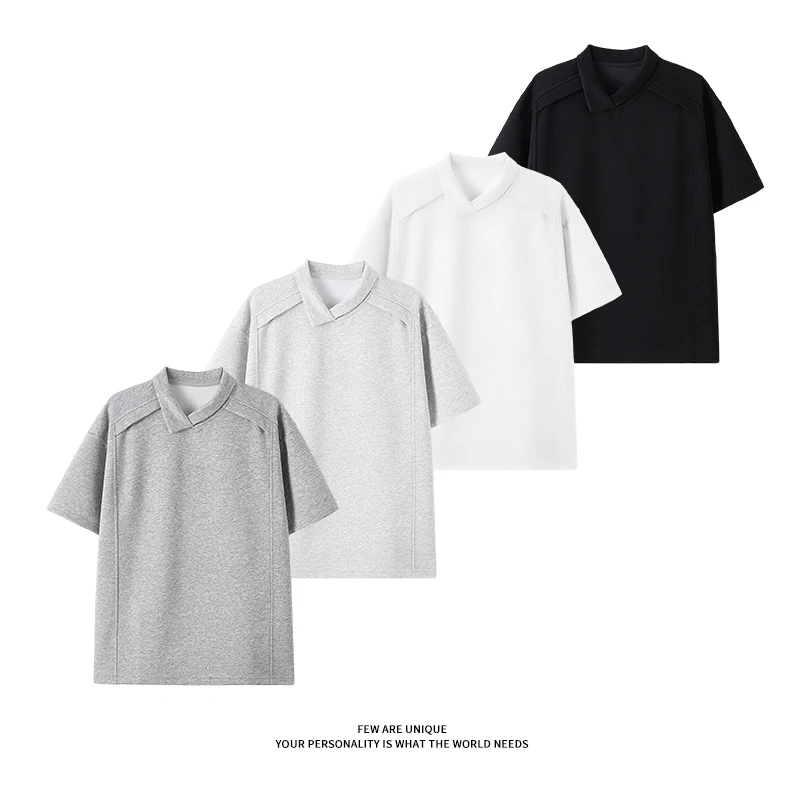 高级感解构不规则翻领T恤夏秋美式设计感Polo衫潮牌纯色百搭体恤