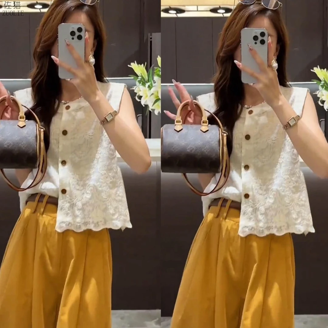 2025夏季新款气质蕾丝镂空坎肩上衣小个子高级感阔腿休闲裤两件套