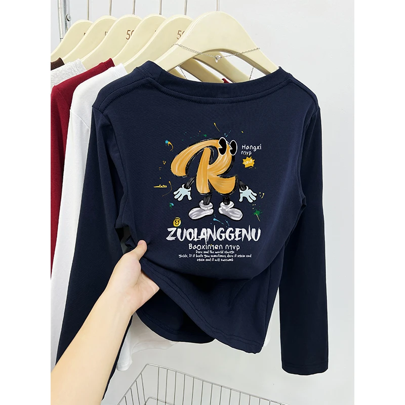 前后设计感印花休闲百搭长袖打底衫t恤女春秋2025新款小个子穿搭