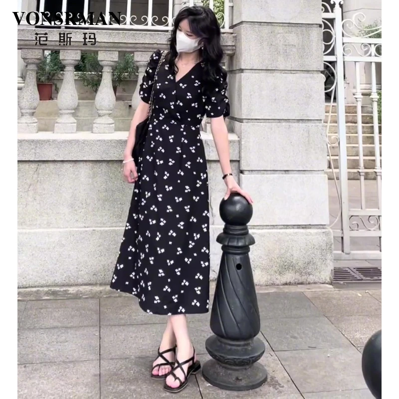 大码法式黑色连衣裙女2025夏季新款胖mm高级感气质显瘦碎花长裙子