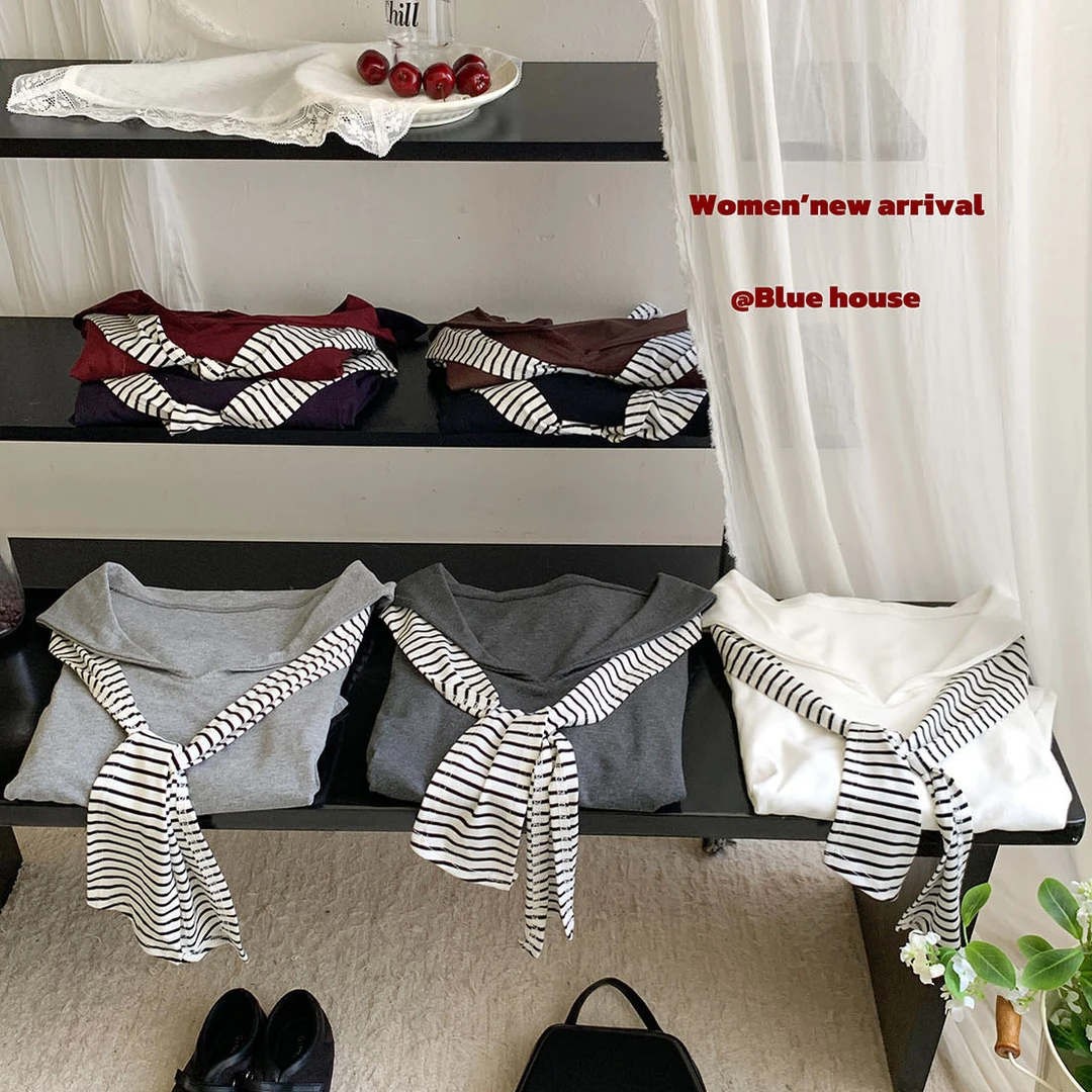 韩版学院风海军领撞色条纹披肩长袖T恤女秋小众减龄修身显瘦上衣