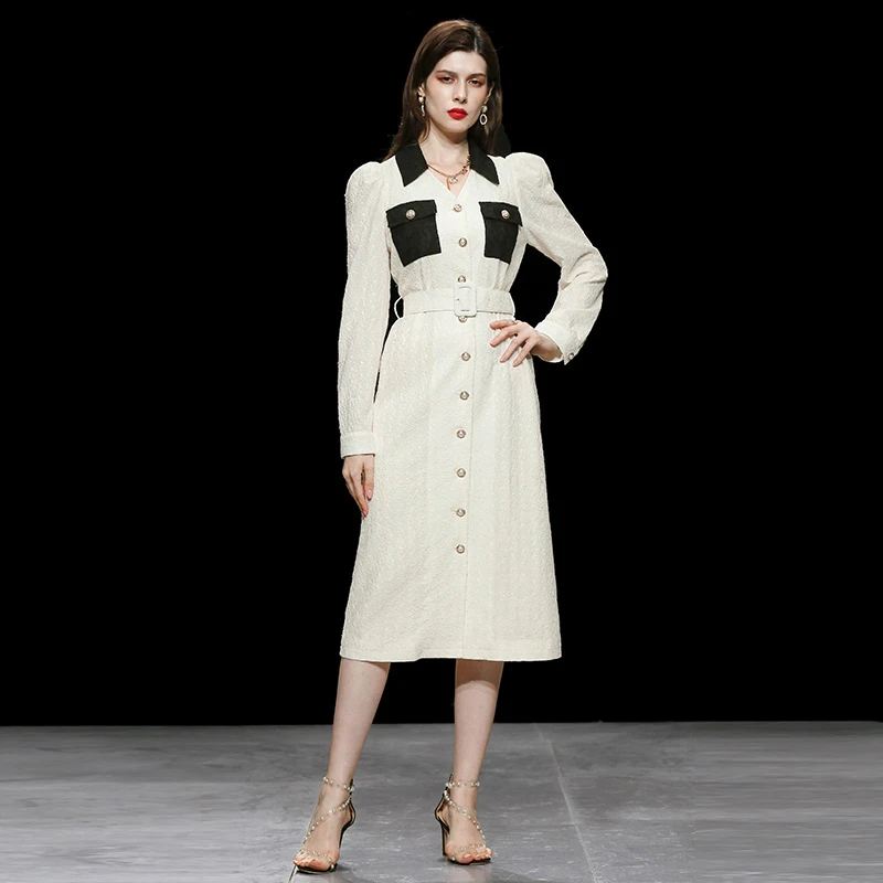 春季新款欧美气质翻领复古羊腿袖拼色中长款小香风连衣裙H24175