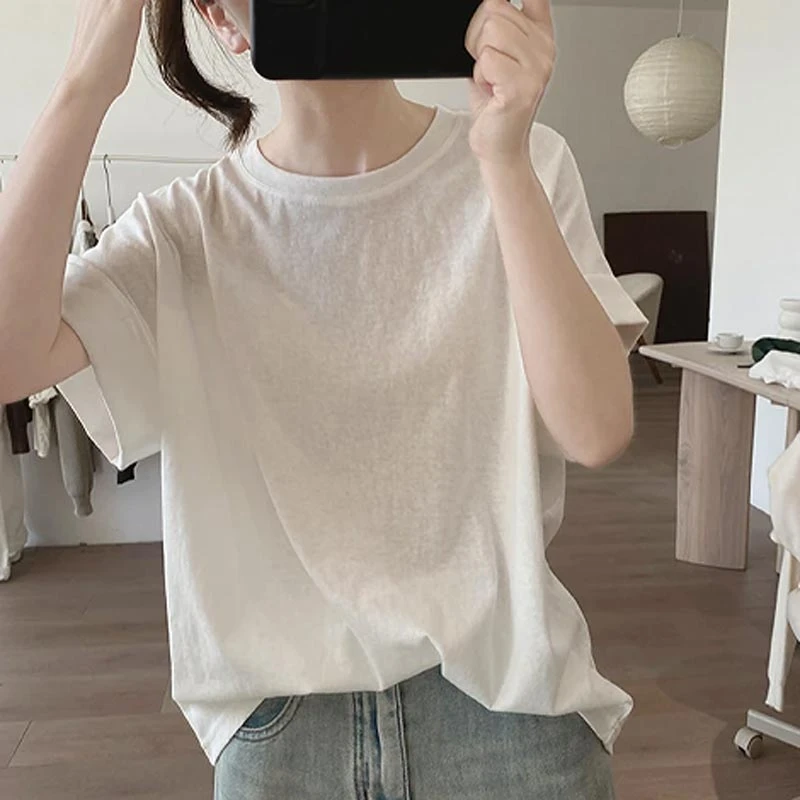 2025夏季韩式新款圆领纯色系设计感时尚短袖T恤女休闲风百搭上衣