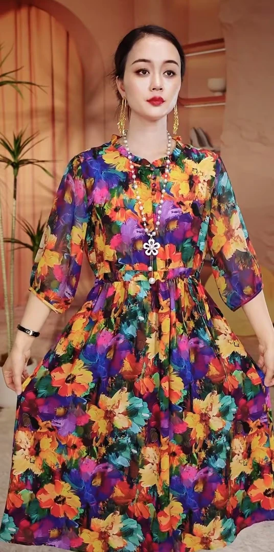 夏日涂鸦气质专柜品质高奢减龄显瘦百搭春夏薄款中长款连衣裙子女