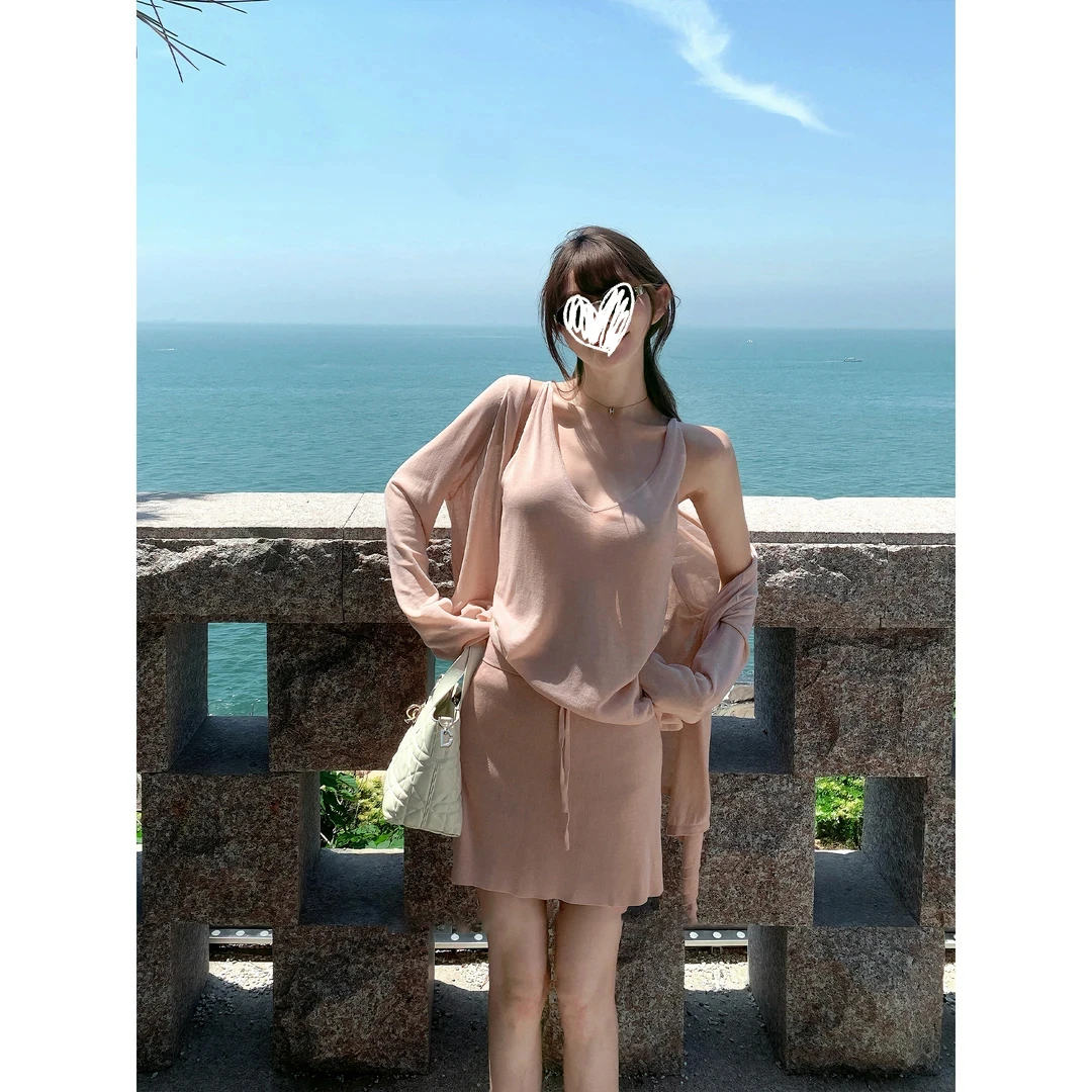 2025夏季新款长袖开衫外套吊带背心半身裙防晒凉感套装洋气衣服女